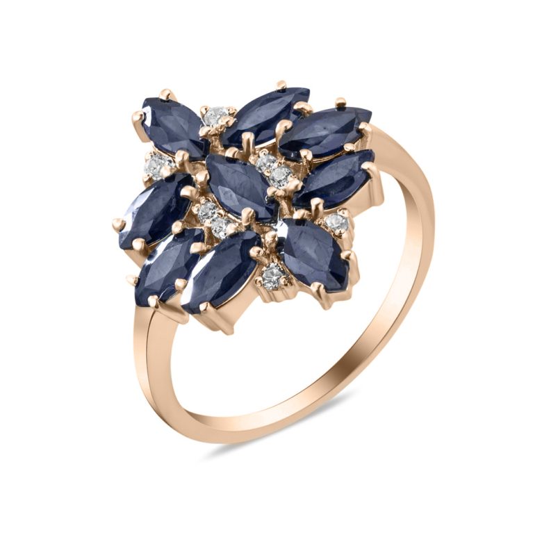 rose gold ring with sapphires and fianits
