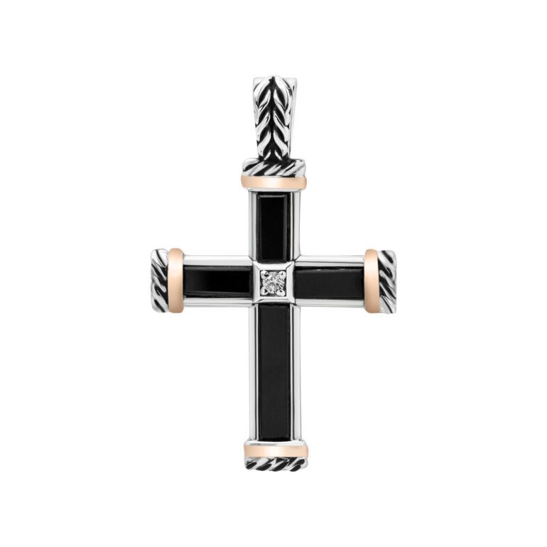 Gold plated sterling silver cross pendant with onyx and cubic zirconia