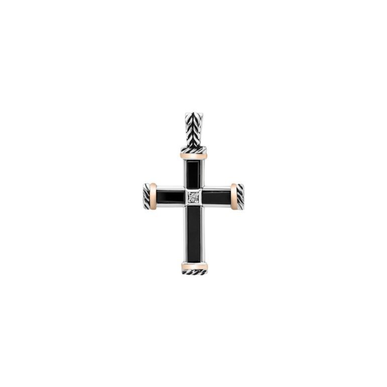 Gold plated sterling silver cross pendant with onyx and cubic zirconia