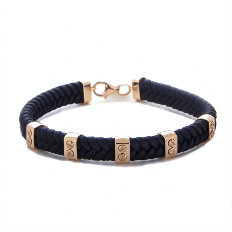 unisex odinė apyrankė su raudono aukso elementais