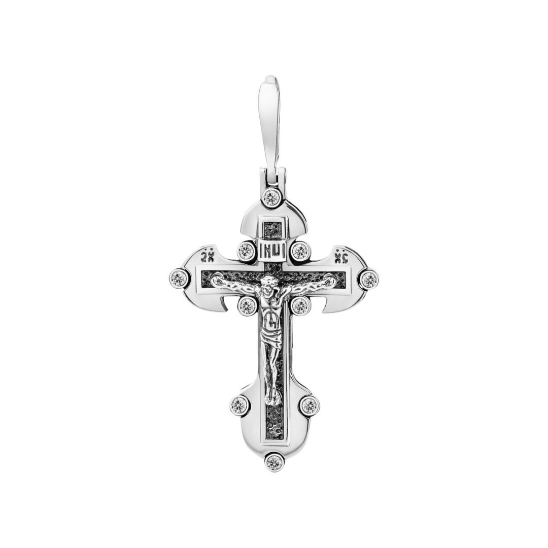 Oxidized sterling silver cross pendant with cubic zirconia