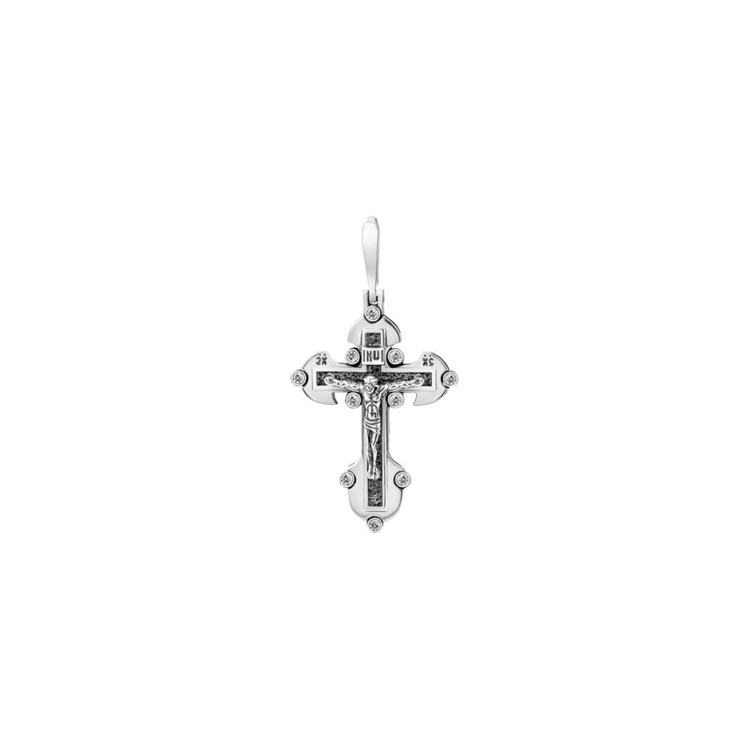 Oxidized sterling silver cross pendant with cubic zirconia