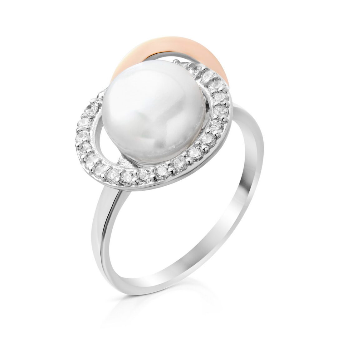 gold plated sterling silver ring with pearl and cubic zirconia