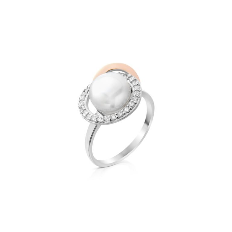 gold plated sterling silver ring with pearl and cubic zirconia