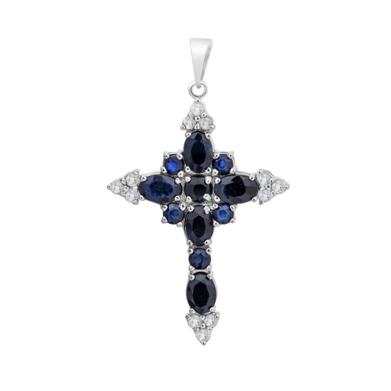 sterling silver cross pendant with sapphires and fianits