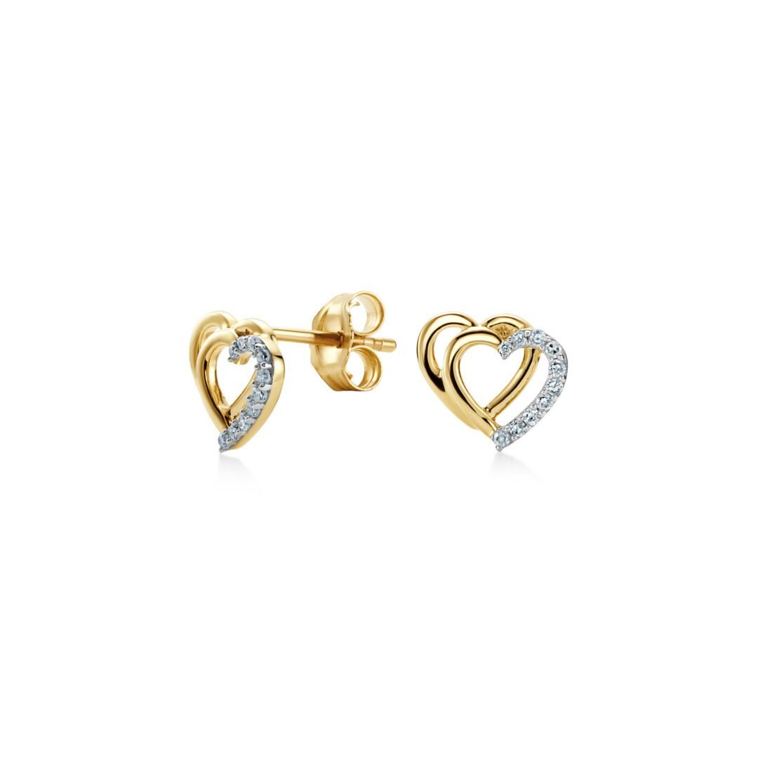 Širdelės formos geltono aukso adatiniai askarai su deimantais