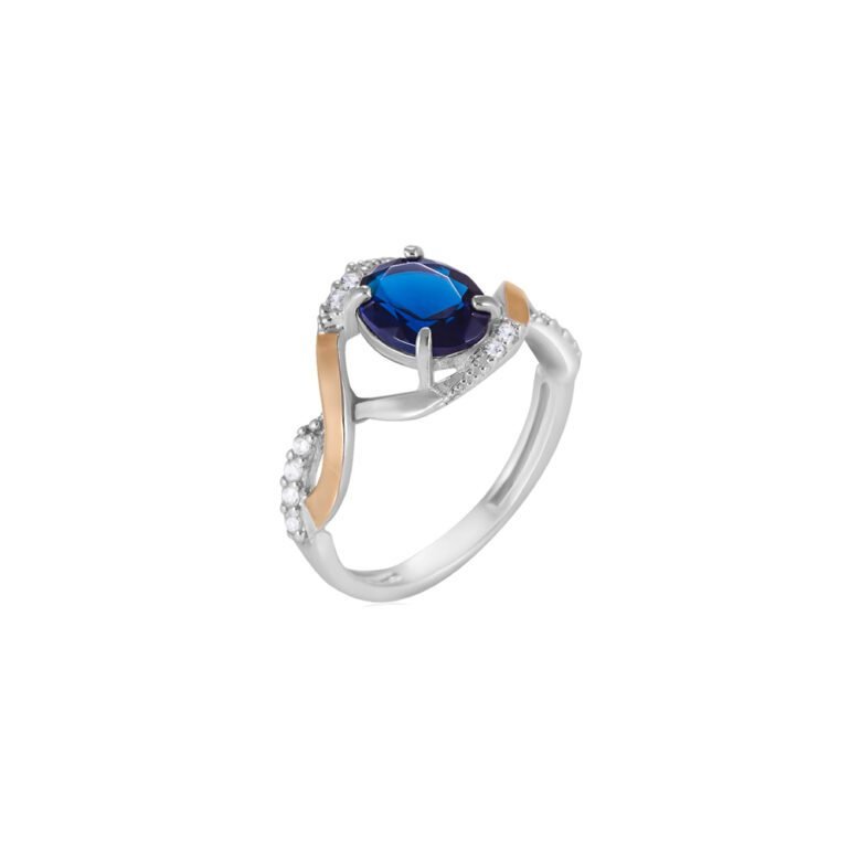 Gold plated sterling silver ring with blue and white fianits