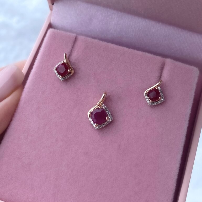 rose gold stud earrings with rubies and diamonds