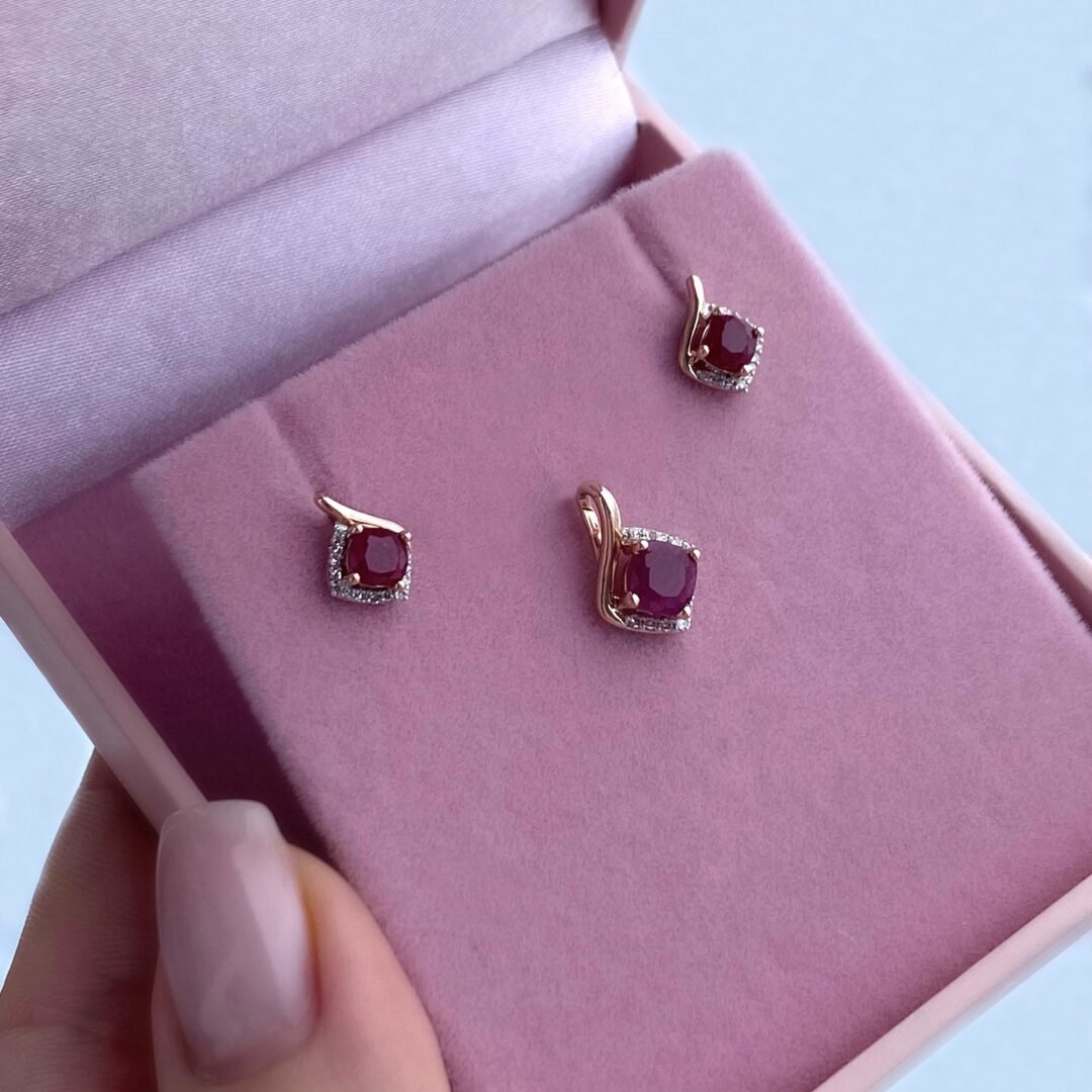 rose gold stud earrings with rubies and diamonds