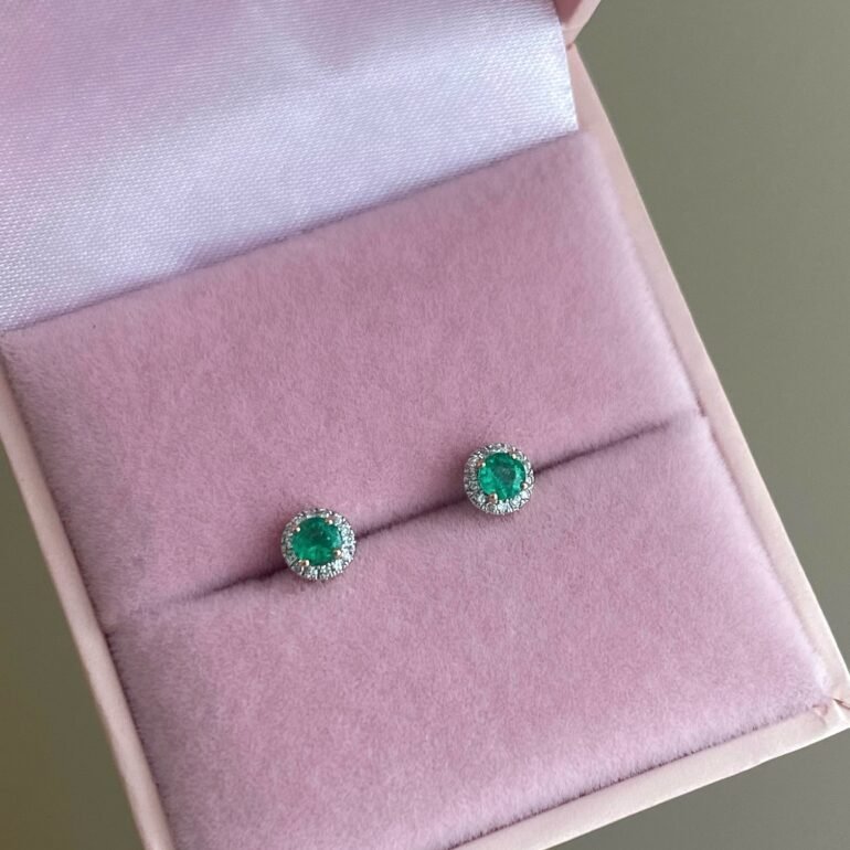 14ct rose gold stud earrings with diamonds and emeralds