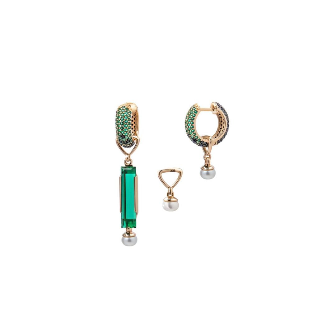 auksiniai auskarai su kvarcu, perlais ir cirkoniais