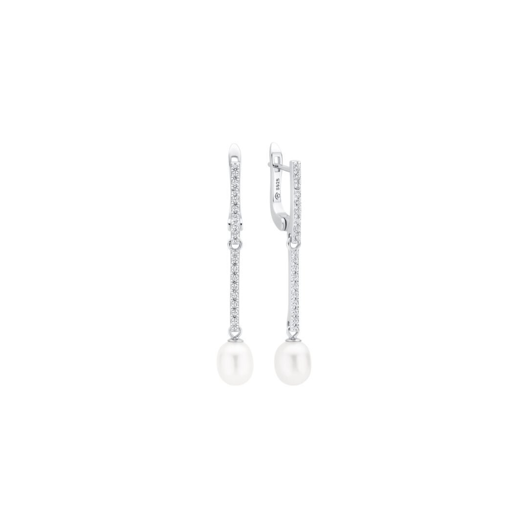 sidabriniai auskarai su baltais perlais ir žėrinčiais cirkoniais