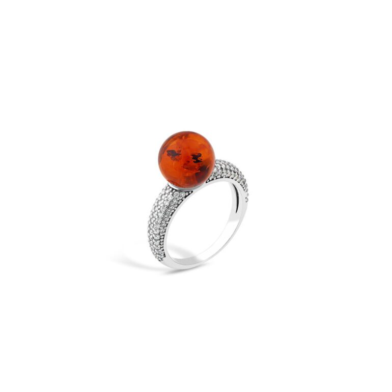 sterling silver ring with amber and cubic zirconia