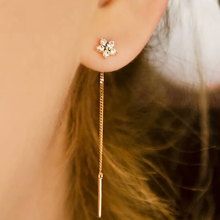 rose gold chain earrings flower with cubic zirconia