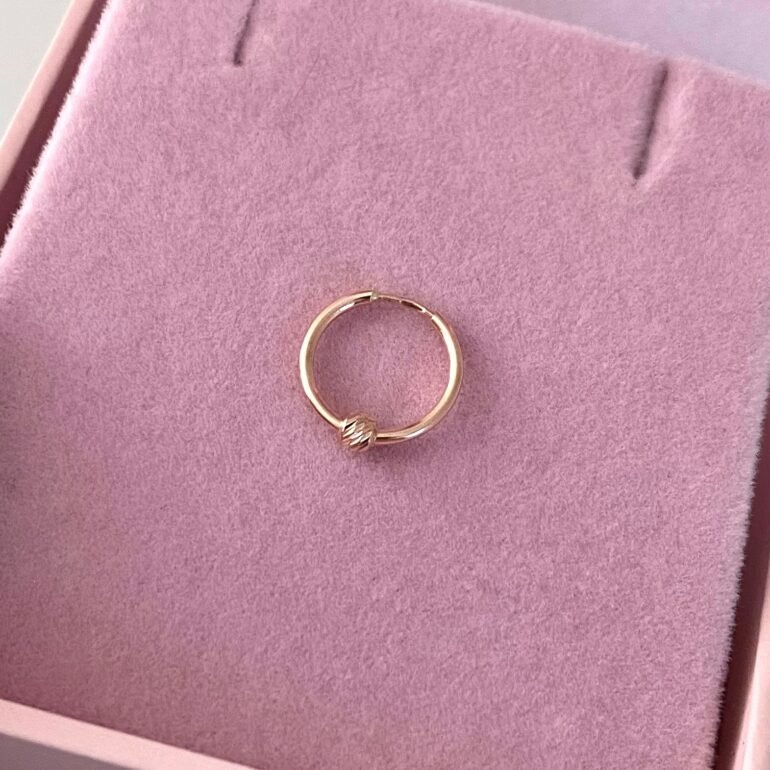 14ct rose gold hoop earring with engraved bead