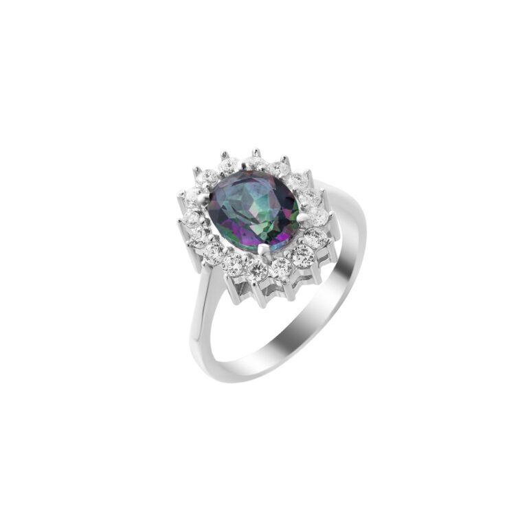 sterling silver ring with mystic topaz and fianits