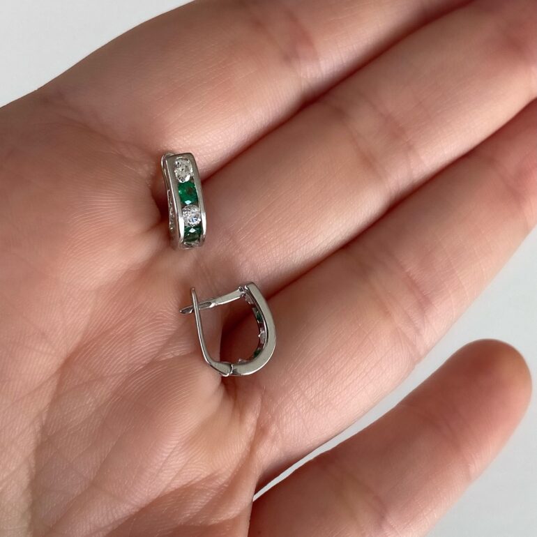 sterling silver earrings with green and white cubic zirconia