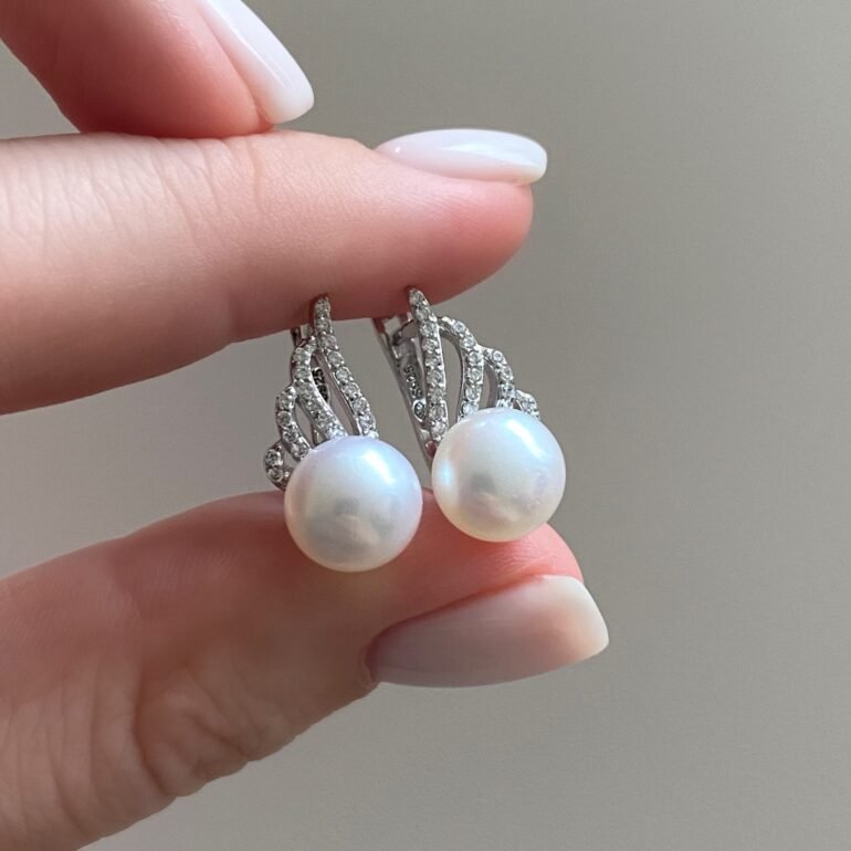 sterling silver earrings with white pearls and cubic zirconia