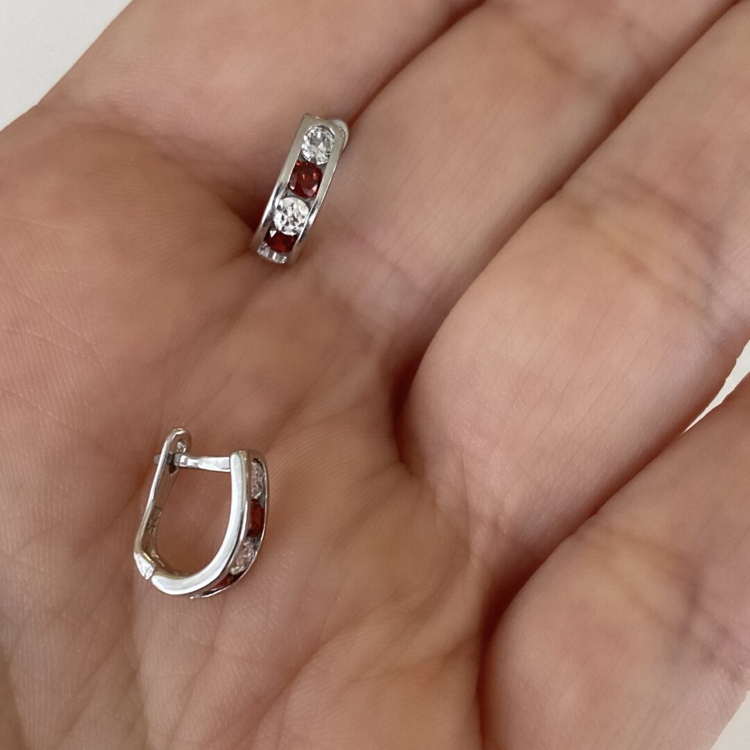sterling silver earrings with red and white cubic zirconia