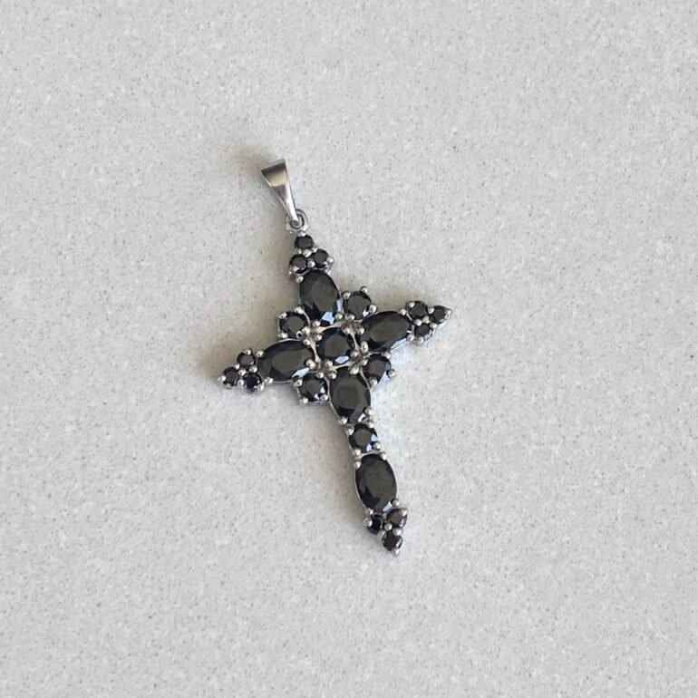 Sterling silver cross pendant with black fianits