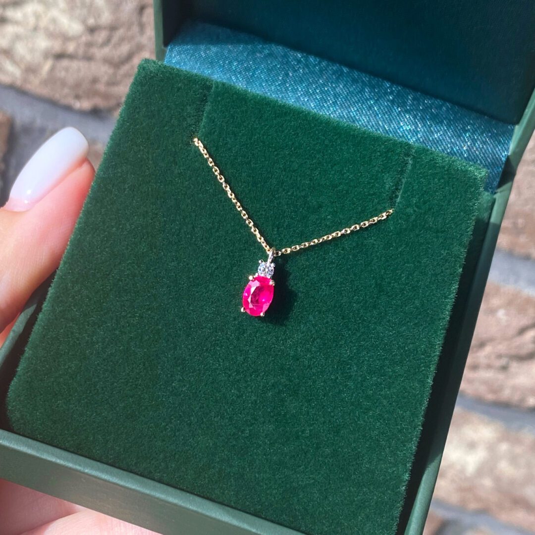 14ct rose gold necklace with synthetic ruby and cubic zirconia