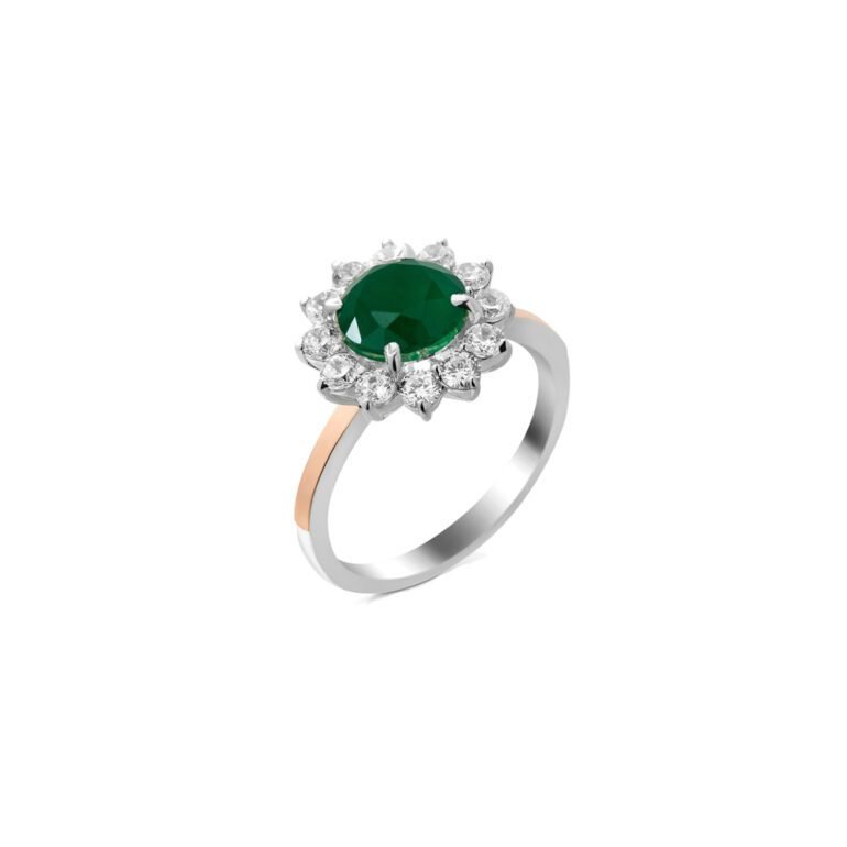 Gold plated sterling silver ring with green and white fianits