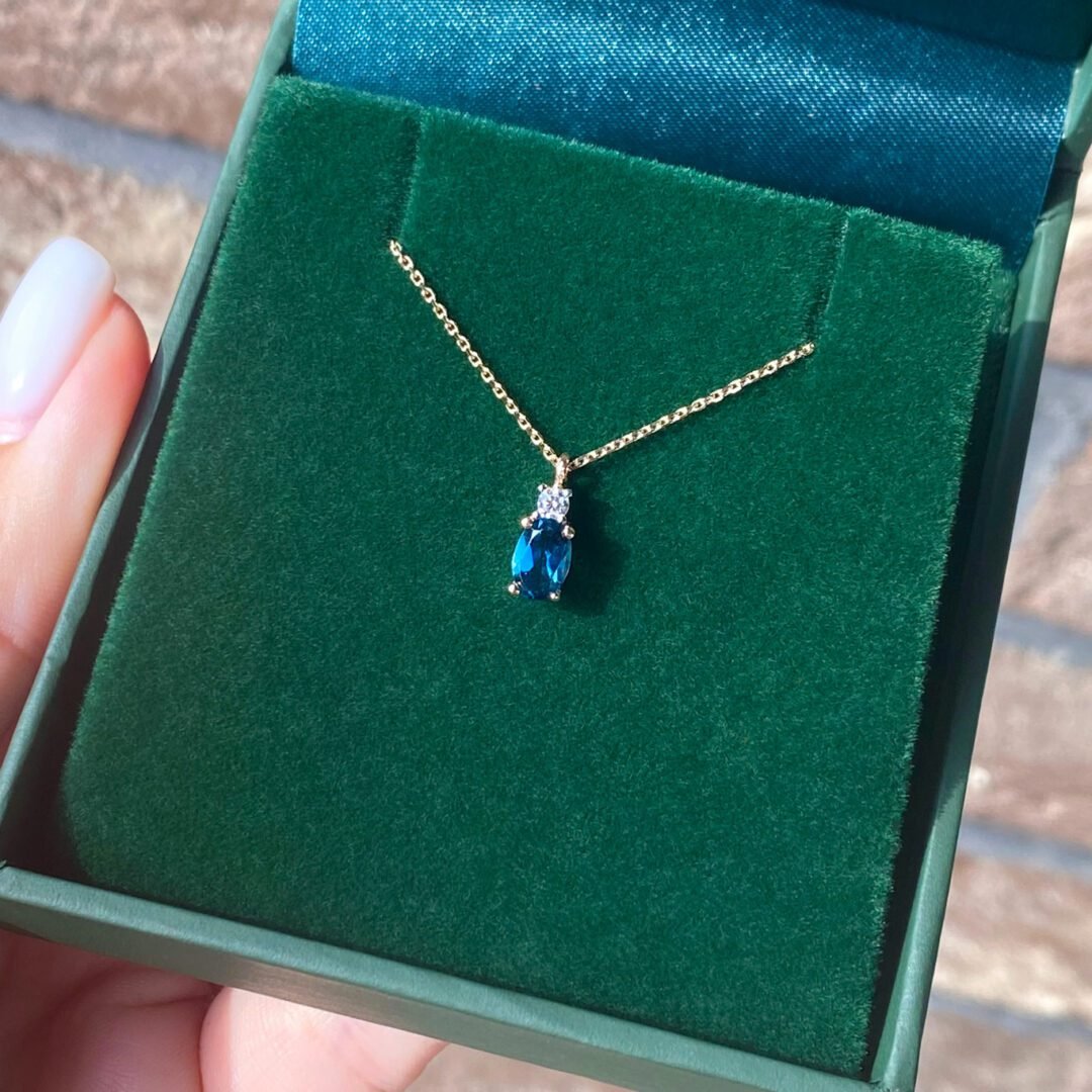 14ct rose gold necklace with London blue topaz and cubic zirconia