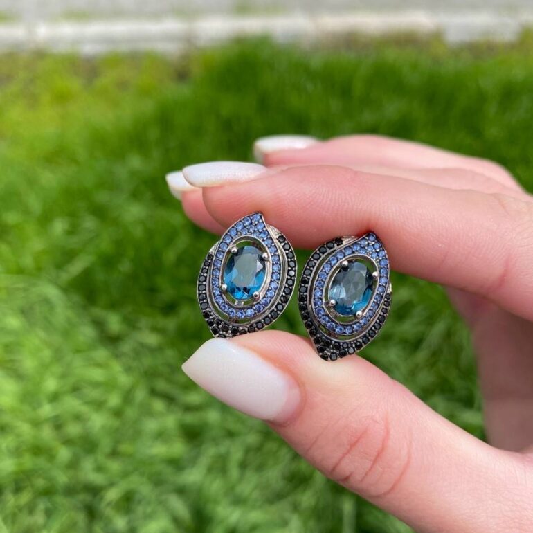 sterling silver earrings with London blue topaz and cubic zirconia