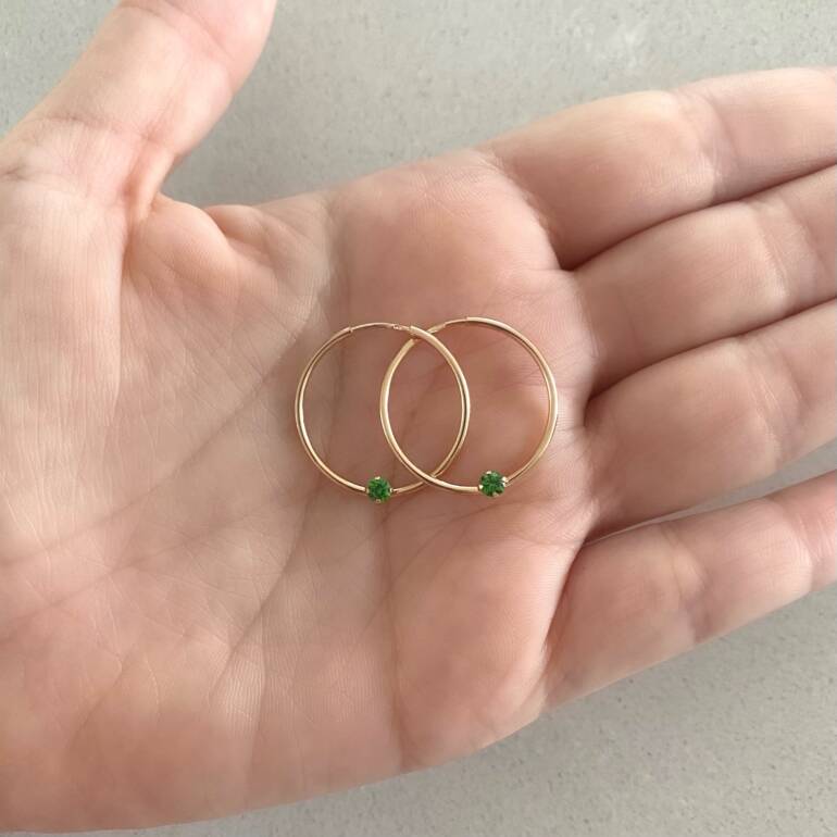14ct rose gold hoop earrings with green cubic zirconia