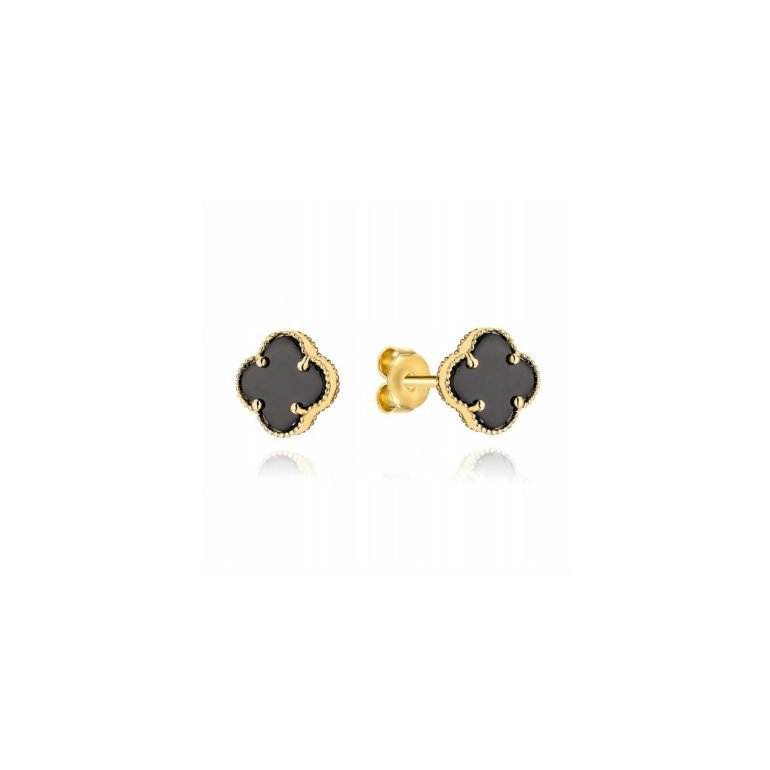 Yellow gold stud earrings with onyx - four-leaf clover