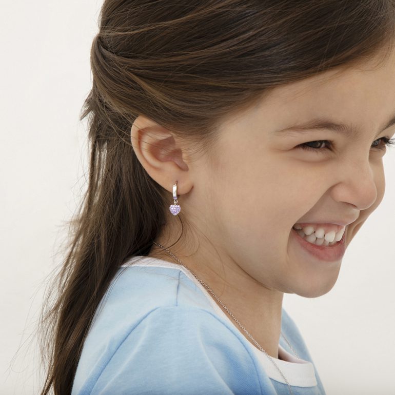 Sterling silver hoop earrings for kids with purple cubic zirconia – hearts