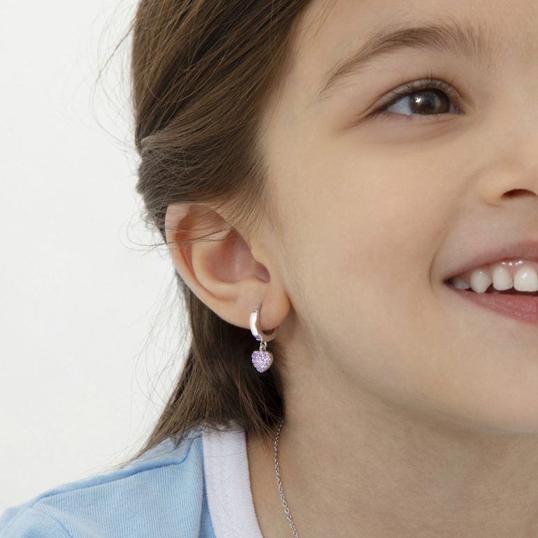 Sterling silver hoop earrings for kids with purple cubic zirconia – hearts