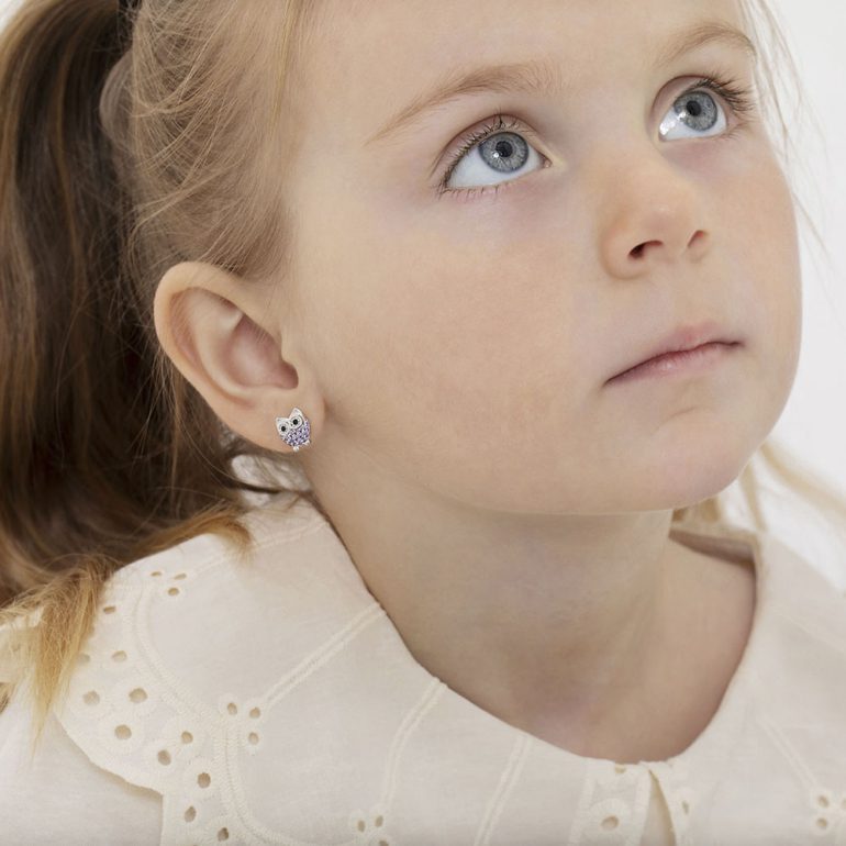 Sterling silver stud earrings with cubic zirconia - owl.
