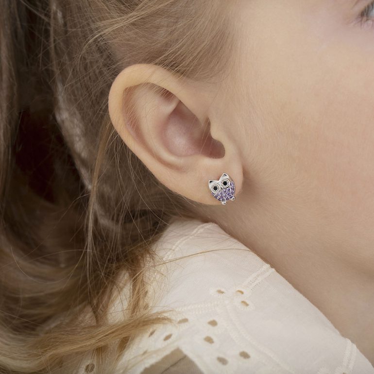 Sterling silver stud earrings with cubic zirconia - owl.