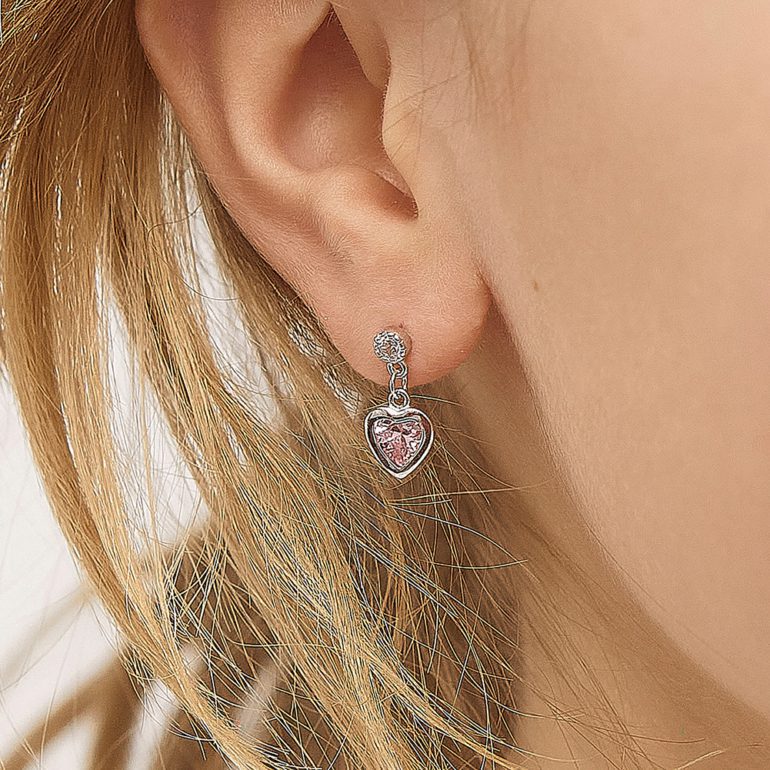 Sterling silver stud earrings with cubic zirconia - dandling hearts