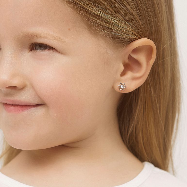 Sterling silver stud child earrings with cubic zirconia - flower