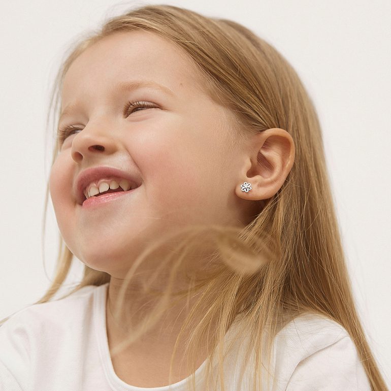Sterling silver stud child earrings with cubic zirconia - flower