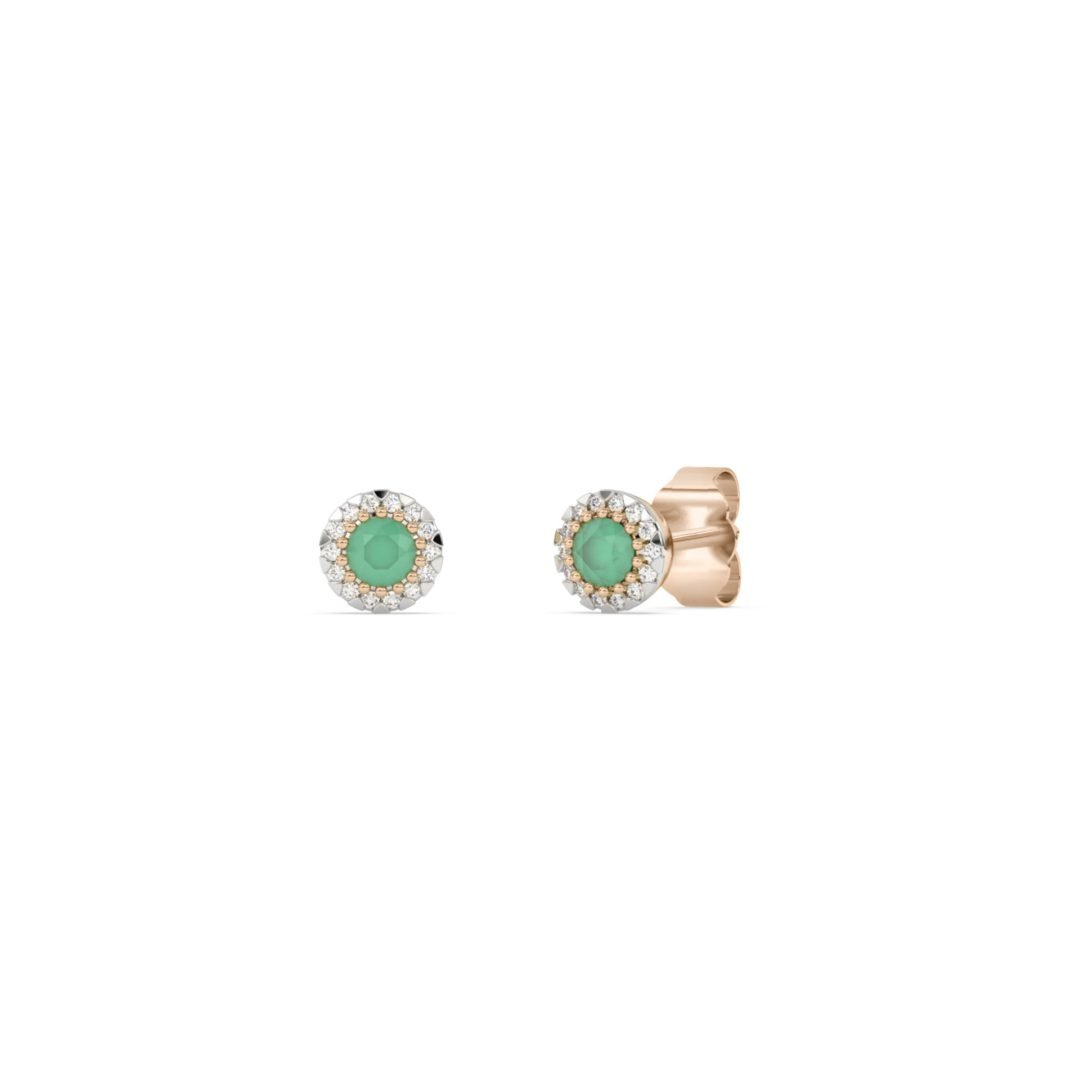 Rose gold stud earrings with emeralds and diamonds