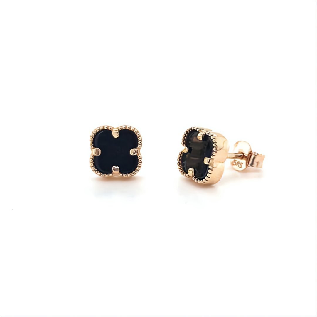 Rose gold stud earrings with onyx - four-leaf clover