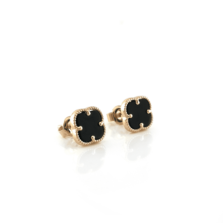 Rose gold stud earrings with onyx - four-leaf clover