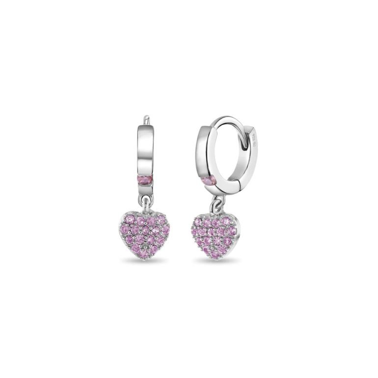 Sterling silver hoop earrings for kids with pink cubic zirconia - hearts.