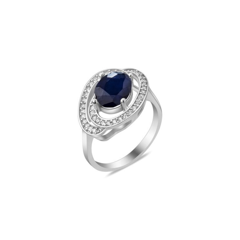 Sterling silver ring with sapphire and fianits