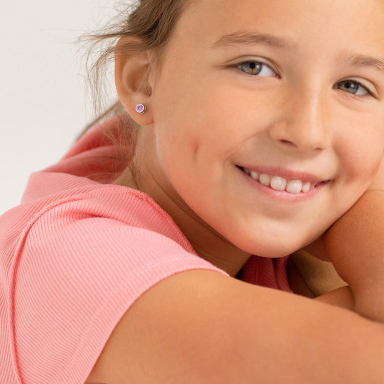 Sterling silver stud earrings for kids with pink cubic zirconia