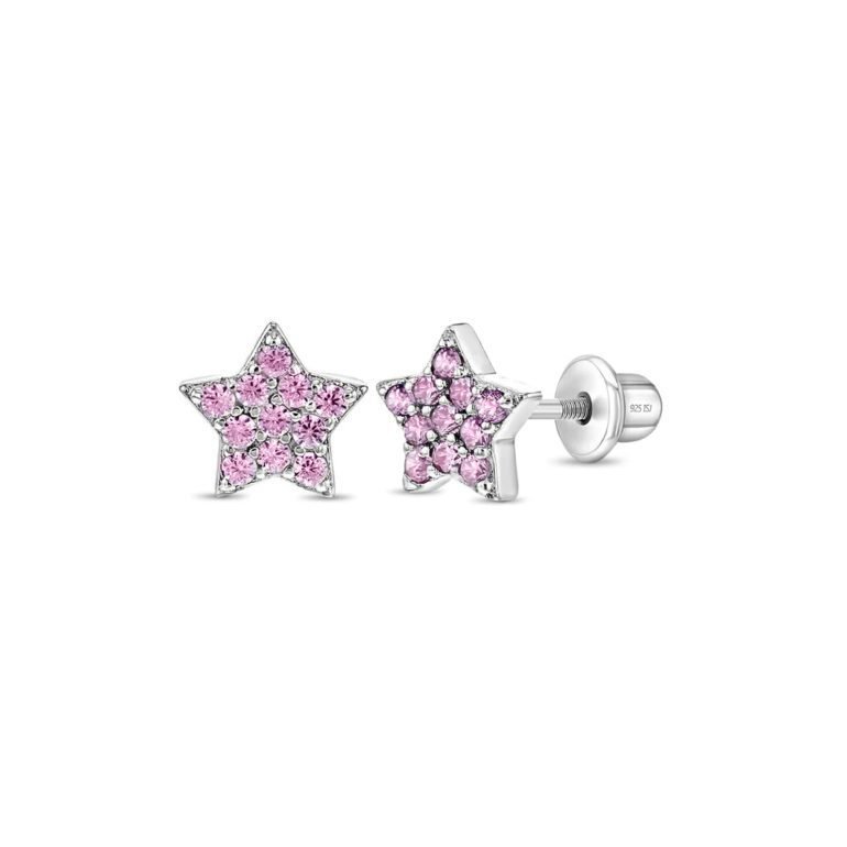 Sidabriniai vaikiški auskarai žvaigždutės su rožiniais cirkoniais