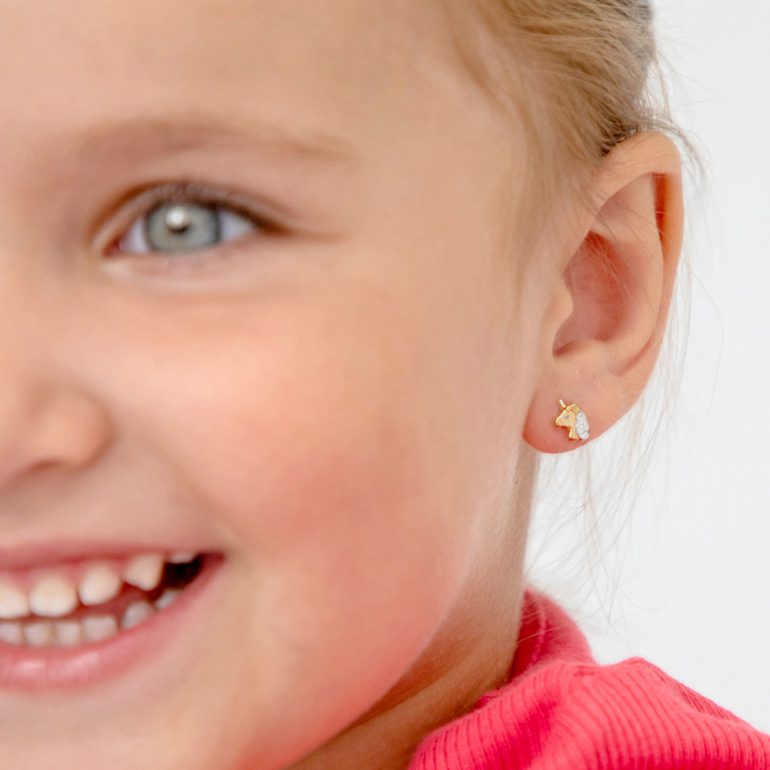 Yellow gold kids earrings with cubic zirconia - Unicorn