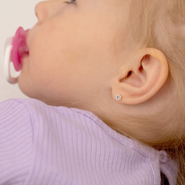 Yellow gold kids earrings with cubic zirconia