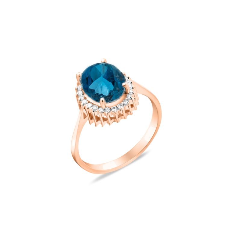 Prabangus auksinis žiedas su London blue topazu ir fianitais