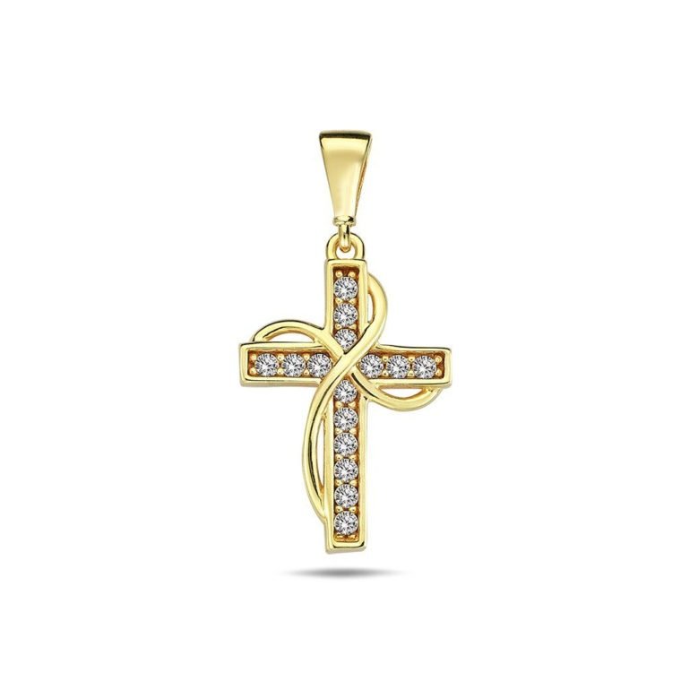 Yellow gold cross pendant with cubic zirconia