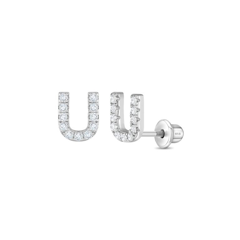 Sterling silver kids earrings with cubic zirconia – initial (letter) U