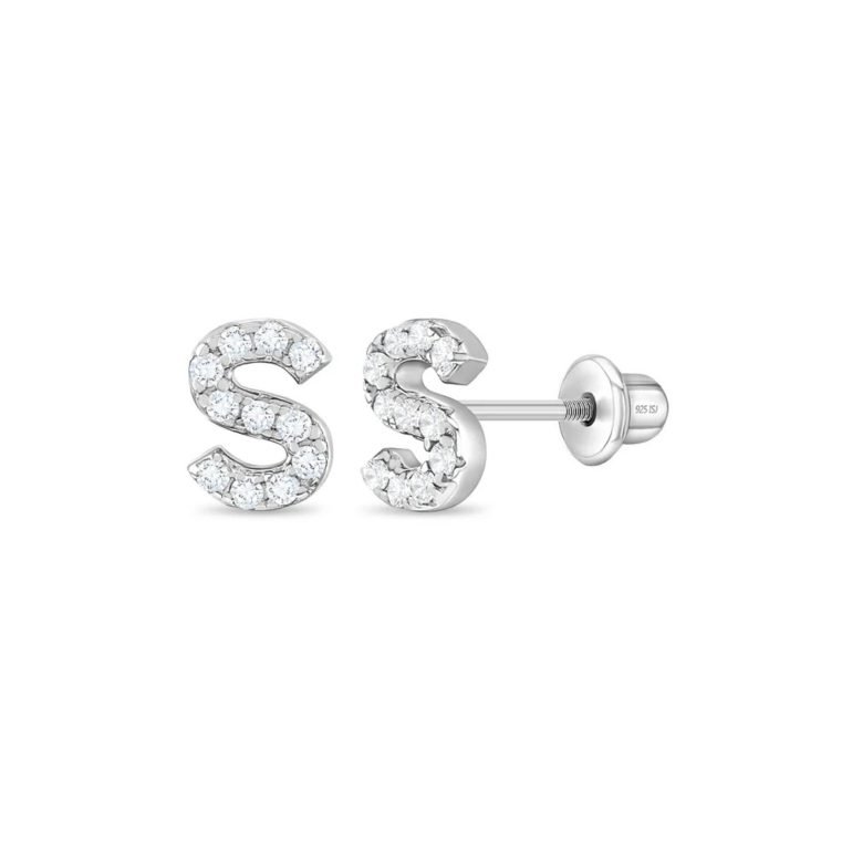 Sterling silver kids earrings with cubic zirconia – initial (letter) S